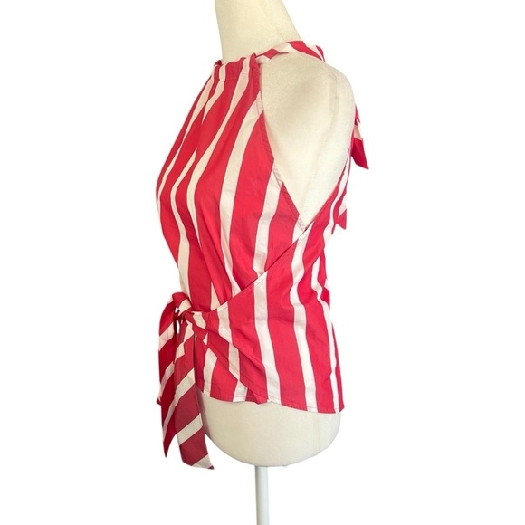 TRINA TURK Mika 2 Stripe Front Tie Halter Top Back Bow Blouse Red White Size XS - Picture 2 of 7